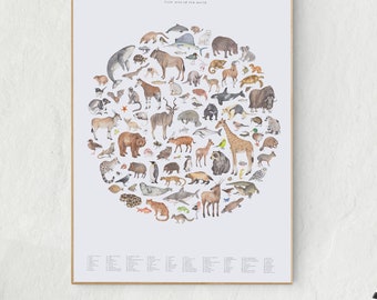 Wildlife poster print - 100 animals