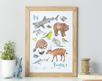 Animal alphabet custom name print - personalised gift for child