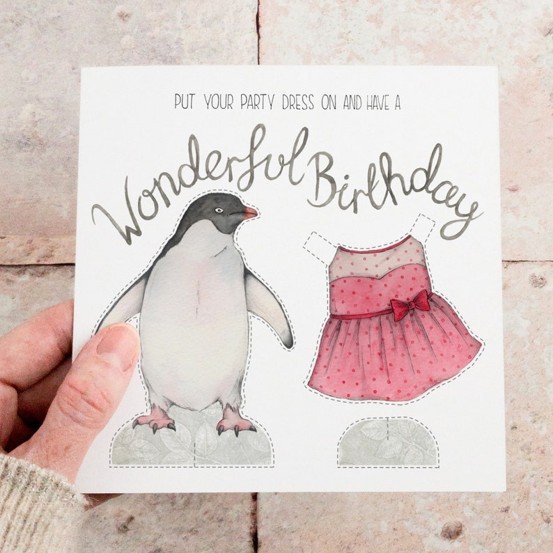 Pinguin Geburtstagskarte mit ausgeschnittener Papierpuppe Bild 2