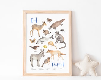 Personalised watercolour print - animal alphabet