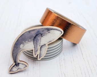 Humpback whale wooden pin badge