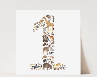 Age birthday card - number card with animals