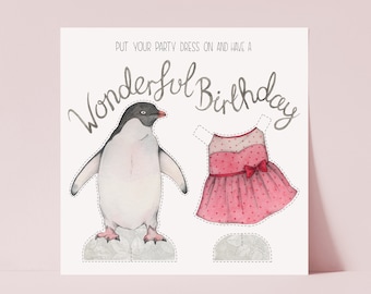 Penguin birthday card - with cut out paper doll