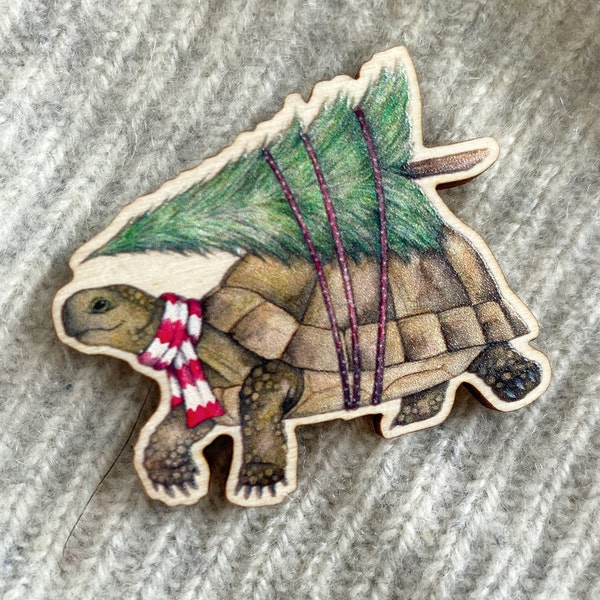 Christmas tortoise wooden pin badge