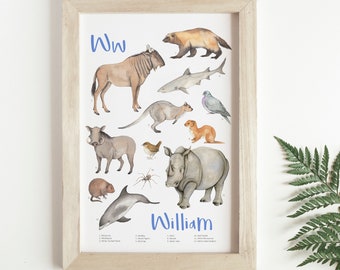 Animal alphabet print - personalised nursery art