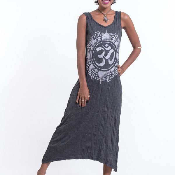 Soft Black & Silver Tank Travel Dress - Yoga Om - Ankle length - Namaste