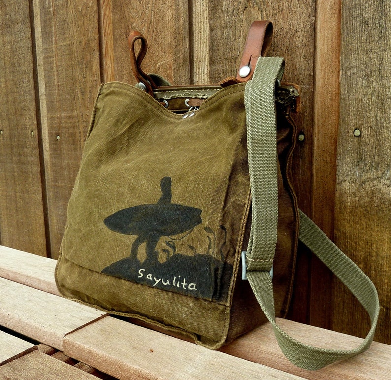 Hand Painted Sayulita Surf on Vintage Canvas Military Bag Satchel