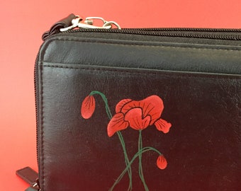 Poppies Leather Organizer Clutch or Shoulder Bag - Hand Painted