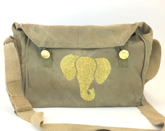 Gold Elephant Bling on Military Messenger Canvas Bag Purse - Cleaned and Sanitized