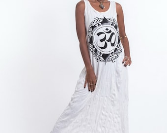 White Tank Travel Dress - Yoga Om - Ankle length - Namaste