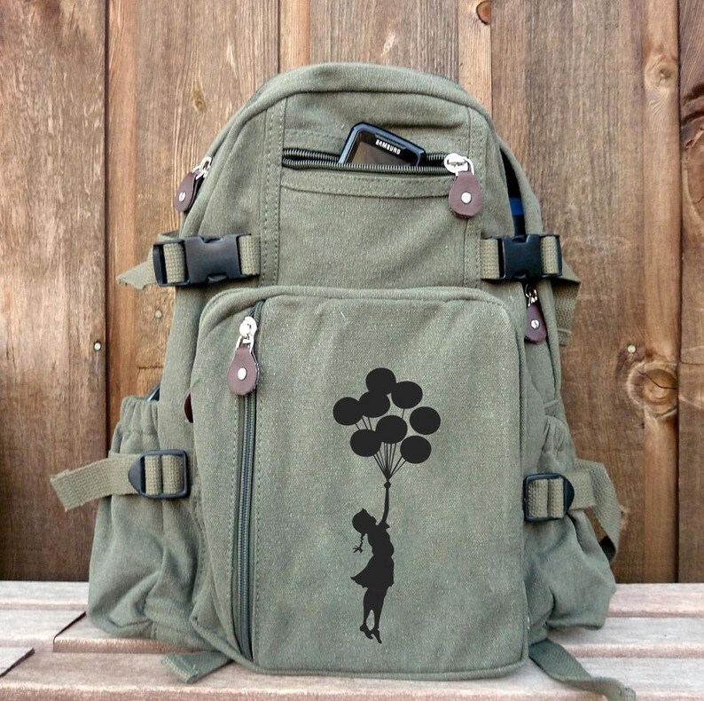 Hand Painted Large Canvas Backpack Rucksack Banksy Balloon Girl