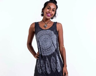 Soft Black Dreamcatcher Tank Travel Dress - Native American Art - Ankle length Dress - Boho Dress