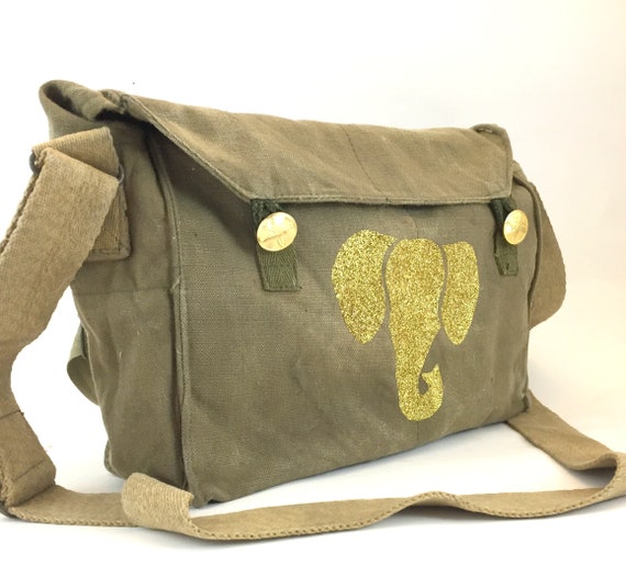 Gold Elephant Bling on Military Messenger Canvas … - image 2