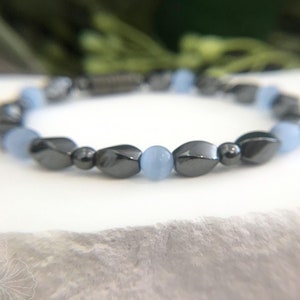 Pain relieving + protection therapy bracelet | light blue cat&#39;s eye + magnetic hematite | single-strand bracelet for overall wellness