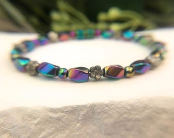 Rainbow Hematite Magnetic Bracelet | Twist Beads, Daisy Accents