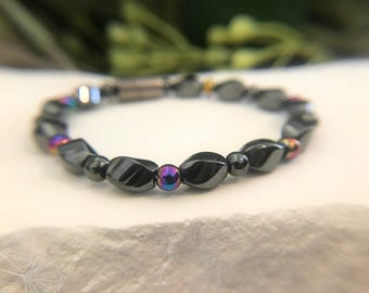 Magnetic Hematite Therapy Bracelet | Twist Beads, Rainbow Accents