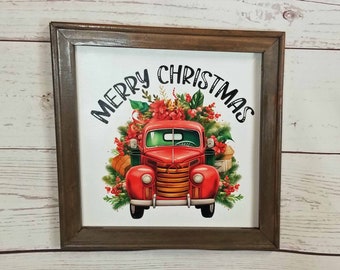 Merry Christmas Red Truck Canvas Wall Art