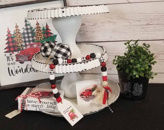 Red Truck Farmhouse Christmas Tiered Tray Display
