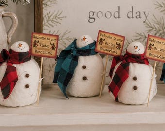 Primitive Fabric Snowman | Mini Winter Snowman Decor | Handmade Christmas Shelf Sitter | Vintage Farmhouse Holiday Decoration