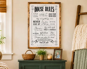 House Rules Wood Sign | Family Rules Wall Decor | Farmhouse Living Room Sign | Cottagecore & Boho Home Decor | Handcrafted Wooden Wall Art