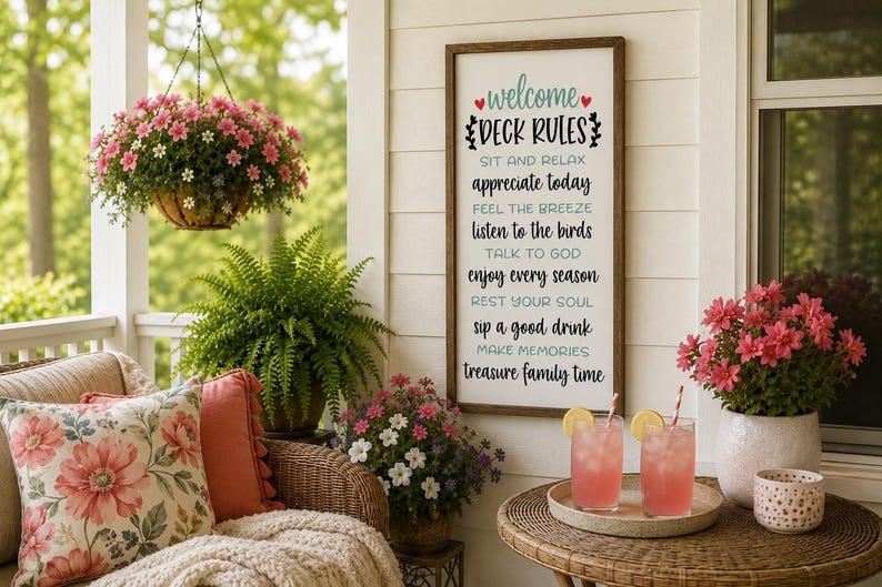 May include: A rectangular wooden sign with a white background and dark brown frame, featuring the text "welcome DECK RULES" followed by a list of phrases including "SIT AND RELAX," "APPRECIATE TODAY," and "TREASURE FAMILY TIME" in black and teal.