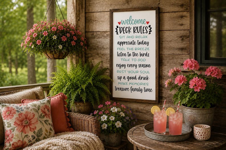 May include: A rectangular wooden wall sign with a white background and a dark brown frame. The sign features black and teal text that reads: welcome DECK RULES, SIT AND RELAX, appreciate today, FEEL THE BREEZE, listen to the birds, TALK TO GOD, enjoy every season, REST YOUR SOUL, sip a good drink, MAKE MEMORIES, treasure family time.
