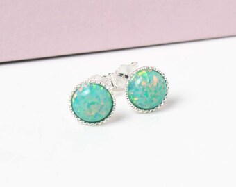 Lagoon Opal Stud Earrings, Sterling Silver 6mm Stud Earrings, Lab Opal gift for her, minimalist earrings, october birthstone