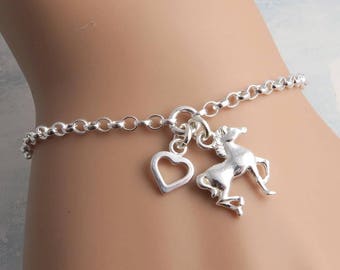 Horse Bracelet - Sterling Silver Horse and Heart Bracelet - horse lover jewelry