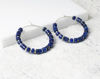 Lapis Lazuli Beaded Hoop Earrings, Sterling Silver with Natural Semi Precious Gemstones