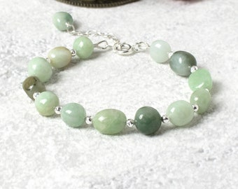 Burma Jade Pebble Bracelet, Sterling Silver with Natural Semi Precious Jadeite Gemstones