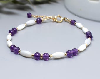 Amethyst Bracelet with Mother of Pearl, Amethyst February Birthstone Jewellery 14ct Gold Fill or Sterling Silver