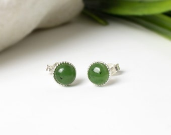 Nephrite Jade Stud Earrings Sterling Silver, 6mm Gemstone Studs, Minimalist Earrings