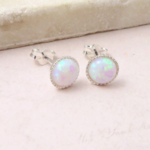 White Opal Stud Earrings - sterling silver - 6mm - gift for her - minimalist earrings - october birthstone
