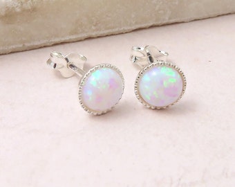 White Opal Stud Earrings - sterling silver - 6mm - gift for her - minimalist earrings - october birthstone