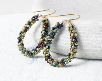 Tapestry Teardrop Beaded Earrings,  Gold Plated Multi Coloured Drop Earrings