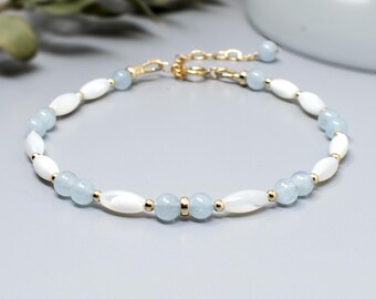 Aquamarine and Mother of Pearl Bracelet, Aquamarine March Birthstone Jewellery 14ct Gold Fill or Sterling Silver