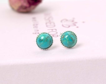 Turquoise Stud Earrings, Sterling Silver 6mm Studs, Turquoise Gemstone gift for her, minimalist earrings, December Birthstone