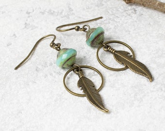 Boho Feather Earrings with Turquoise Blue Glass,  Rustic Brass Drop Earrings