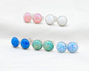 Opal Stud Earrings, Sterling Silver 6mm Opal Studs, October Birthstone