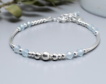 Aquamarine Bracelet, Sterling Silver March Birthstone Jewellery Gift for Her
