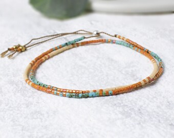 Skinny Beaded Bracelet in Terracotta and Turquoise, Adjustable Colourful Bead Double Wrap Bracelet