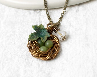 Bird Nest Necklace with Green Jade, Brass Bird's Nest Nature Jewellery