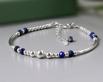 Lapis Lazuli Bracelet, Sterling Silver September Birthstone Jewellery Gift for Her