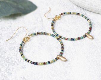 Tapestry Beaded Hoop Earrings,  Multi Coloured Large Boho Hoops Gold Plated