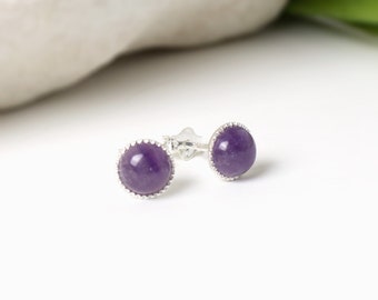 Amethyst Stud Earrings Sterling Silver, 6mm Purple Gemstone Studs, Minimalist Earrings, February Birthstone