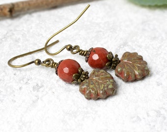 Red Jasper Leaf Earrings, Nature Autumn Drop Earrings, Earthy Fall Red Earrings