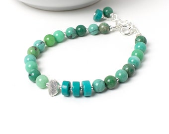Moss Green Opal & Turquoise Gemstone Bracelet, Sterling Silver with Natural Semi Precious Stones
