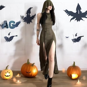 Halloween Dress Midi Dress Women Streetwear Sexy Split Side Hooded Dresses Y2k Punk