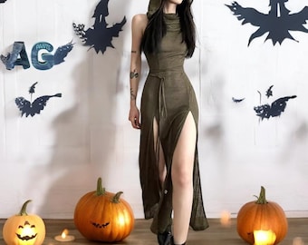 Vestido de Halloween Vestido Midi Feminino Streetwear Sexy Com Capuz Lateral Dividido Vestidos Y2K Punk