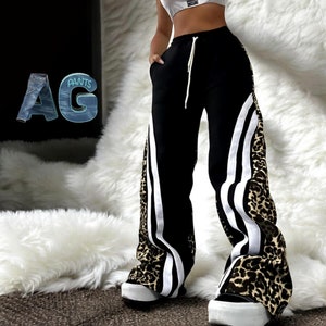 Basic Street Sports Sweatpants Trousers Side Stripe Women Flare Pants Autumn Leopard Patchwork Pocket Casual Y2k